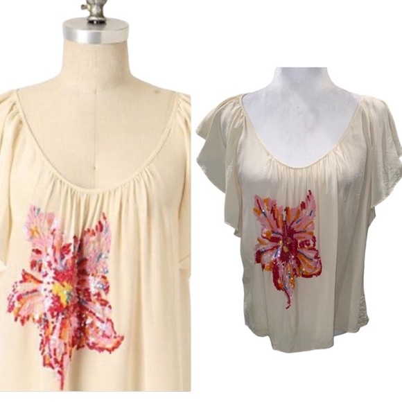 Anthropologie Tops - Anthropologie Lil Silk Ivory Flutter Sleeve Floral Sequin Top - 10